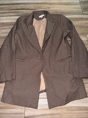Belle by Kim Gravel Brown Houndstooth Crystal rhinestone Blazer with Tan Lining
